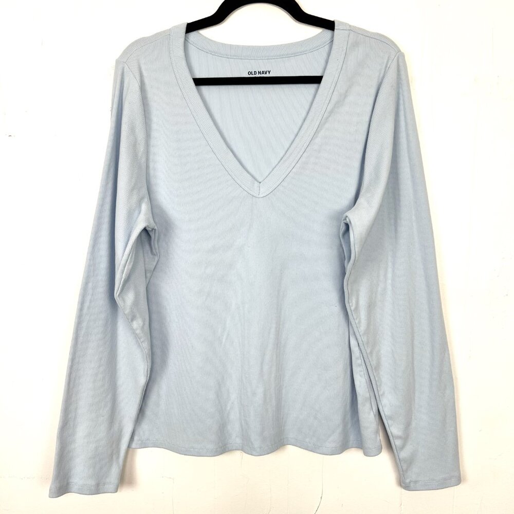 Old Navy Cozy Snug Light Blue Ribbed V-Neck Long Sleeve Knit Top XXL Tall